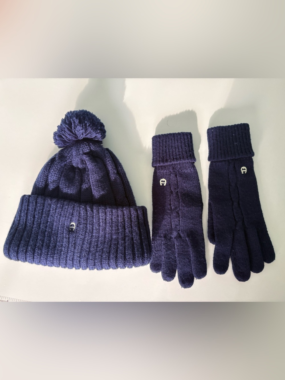 Etienne Aigner Navy Knit Pom Beanie with Matching Gloves Vintage
